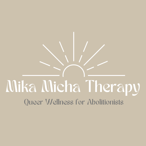 An image of a sun rising or setting with the words "Mika Micha Therapy". Underneath, the tag line says "Queer Wellness for Abolitionists".